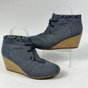 BOBS from Skechers Sz 9 Wedge Booties Womens Denim Blue Lace Up 3" Heel Shoes